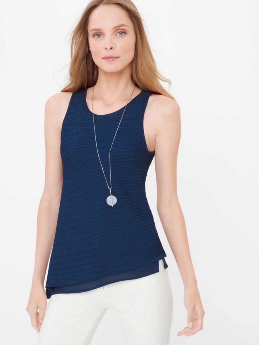 White House Black Market Navy SL Double Layer Tank Sleeveless Blouse, Size XL